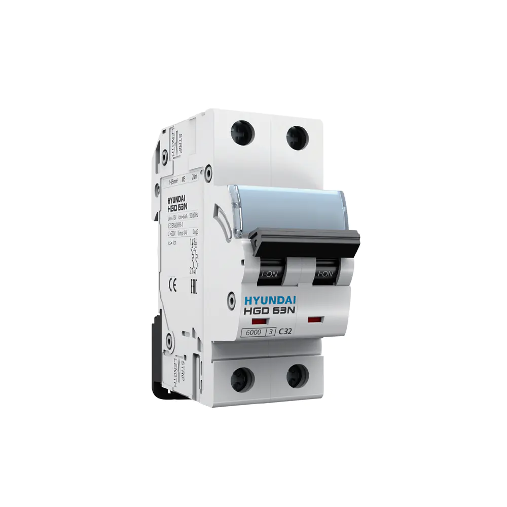 کلید مینیاتوری هیوندای (HYUNDAI) دو پل ۲۰ آمپر، 6kA، سری HGD 63N